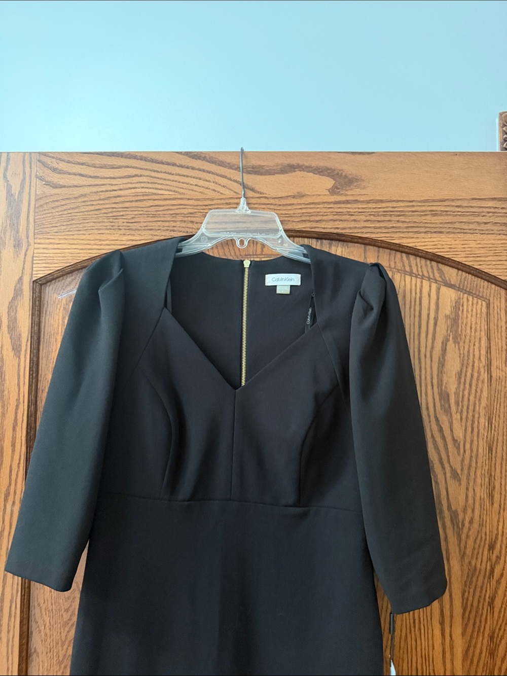 Calvin Klein Black Midi Dress with V-Neck and Gold Zip